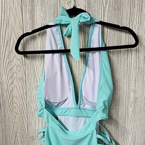 Aqua Eve Blue One Piece Halter Plunge V Neck Swimsuit Womens Size Medium NWT - Picture 6 of 12